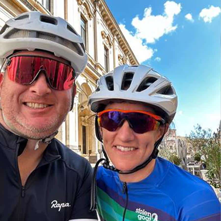 Dr. Zolis, staff OBGYN at North York General, biking in Italy with her husband